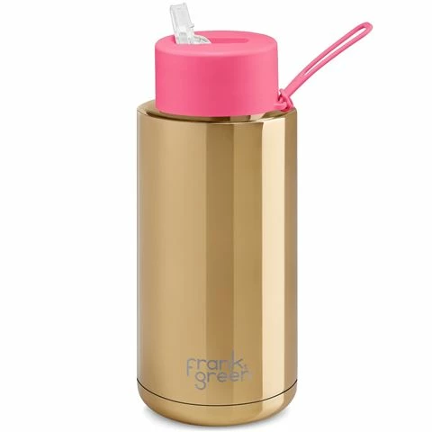 Frank Green - Ceramic Reusable Bottle W/Straw Lid Gold/Neon Pink 1L 1 Frank Green - Ceramic Reusable Bottle W/Straw Lid Gold/Neon Pink 1L